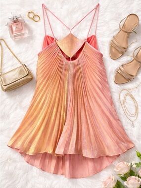 Elpis Metallic Pleated High-Low Top – Pink/Gold | NWT | Size Small
